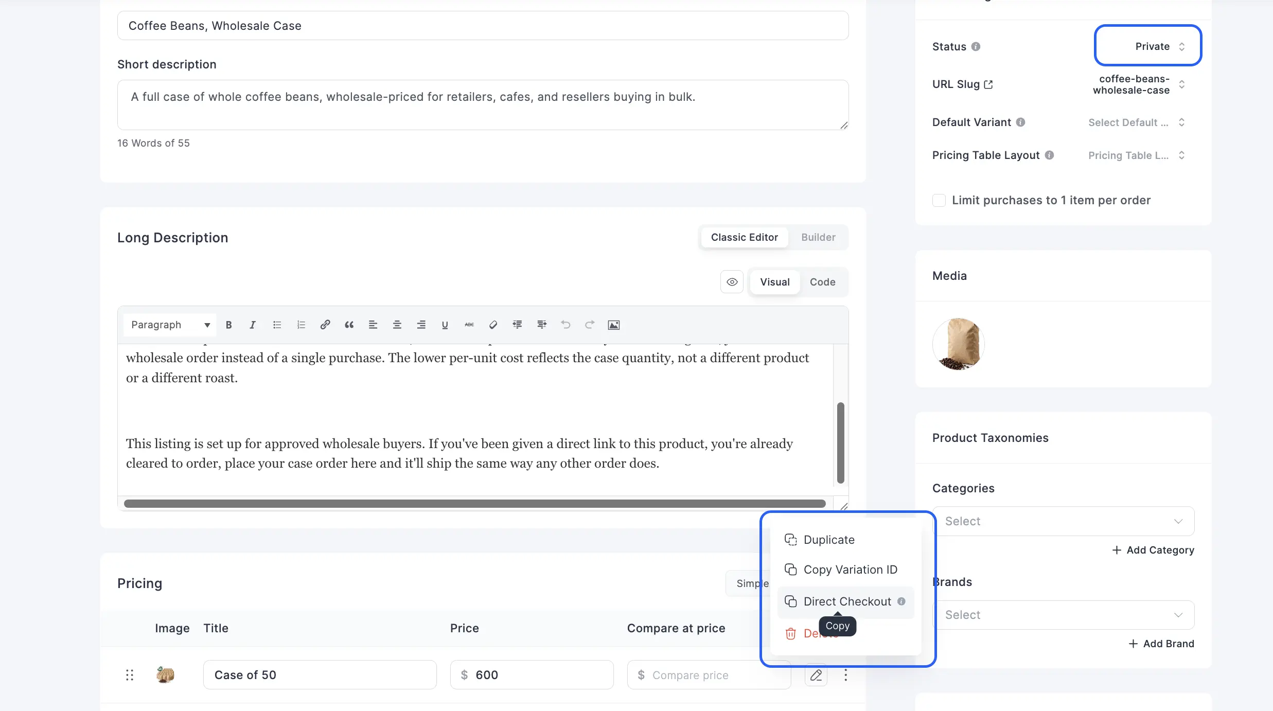 FluentCart Produit privé avec son lien d'achat direct visible.