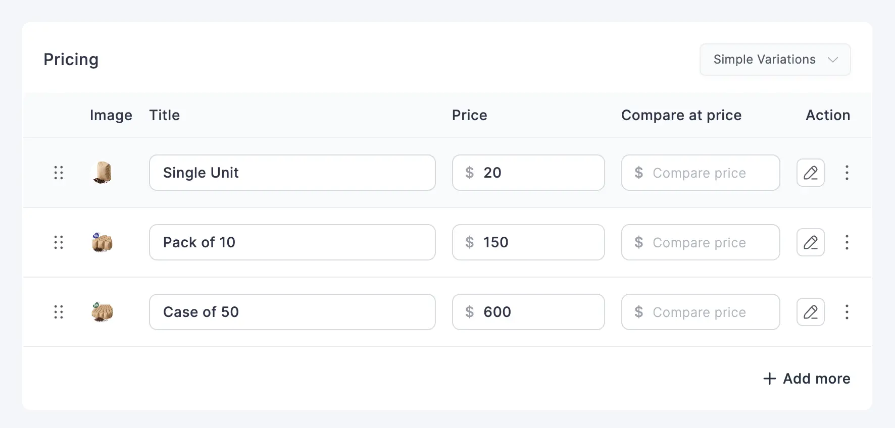 Panneau FluentCart Simple Variations avec trois formats de conditionnement en gros