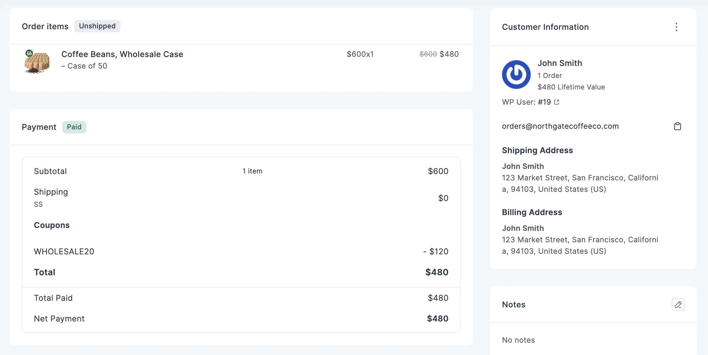 Commande FluentCart avec coupon de gros appliqué.