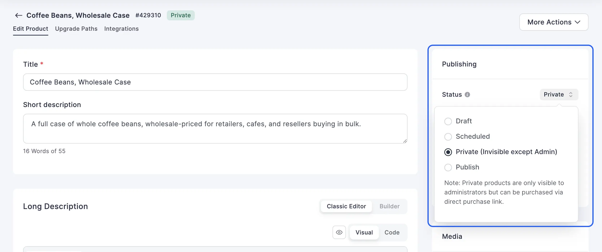 Statut du produit FluentCart défini sur Privé.